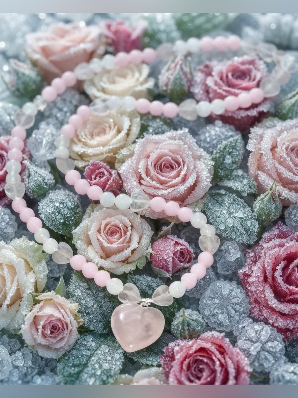 Frosted Rose Candy Necklace (Candy Pink Glass, Rose Quartz, White Jade)